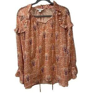 Sundance Womens Boho Peach Ruffle Long Sleeve Blouse Size M Lightweight Sheer